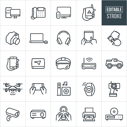 A set of consumer electronics icons that include editable strokes or outlines using the EPS vector file. The icons include a desktop computer, office telephone, television, handheld GPS, digital camera, laptop computer, headphones, tablet PC, smartwatch, smartphone, vehicle GPS, VR headset, computer router, RC car, drone, speakers, activity tracker, RC remote, security camera, projector, remote control, printer and a DVD player.