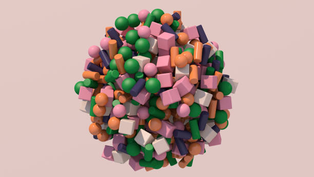 istock Sphere with colorful cubes, balls, cylinders. Abstract illustration, 3d render. 1358783917