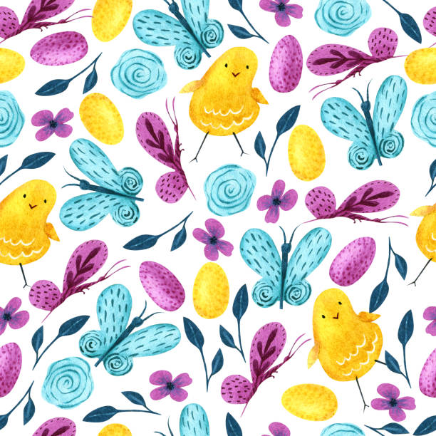 illustrazioni stock, clip art, cartoni animati e icone di tendenza di texture senza soluzione di continuità di elementi di design a molla ad acquerello. stampa luminosa per pasqua - floral pattern butterfly easter easter egg