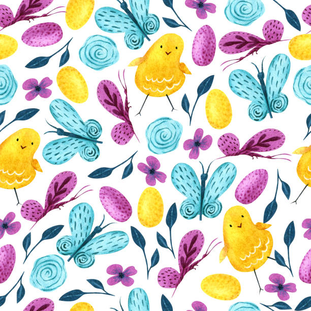 бес�шовная текстура акварельных пружинных элементов дизайна. яркий принт на пасху - floral pattern butterfly easter easter egg stock illustrations