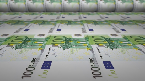 100 euro bills on money printing machine. Printing cash. Banknotes. 3D rendering.