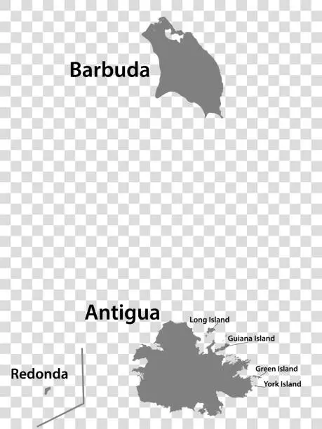 Vector illustration of Blank map Antigua and Barbuda in gray. Every Island map is with titles. High quality map of  Antigua and Barbuda on transparent background for your  design.  Caribbean. EPS10.