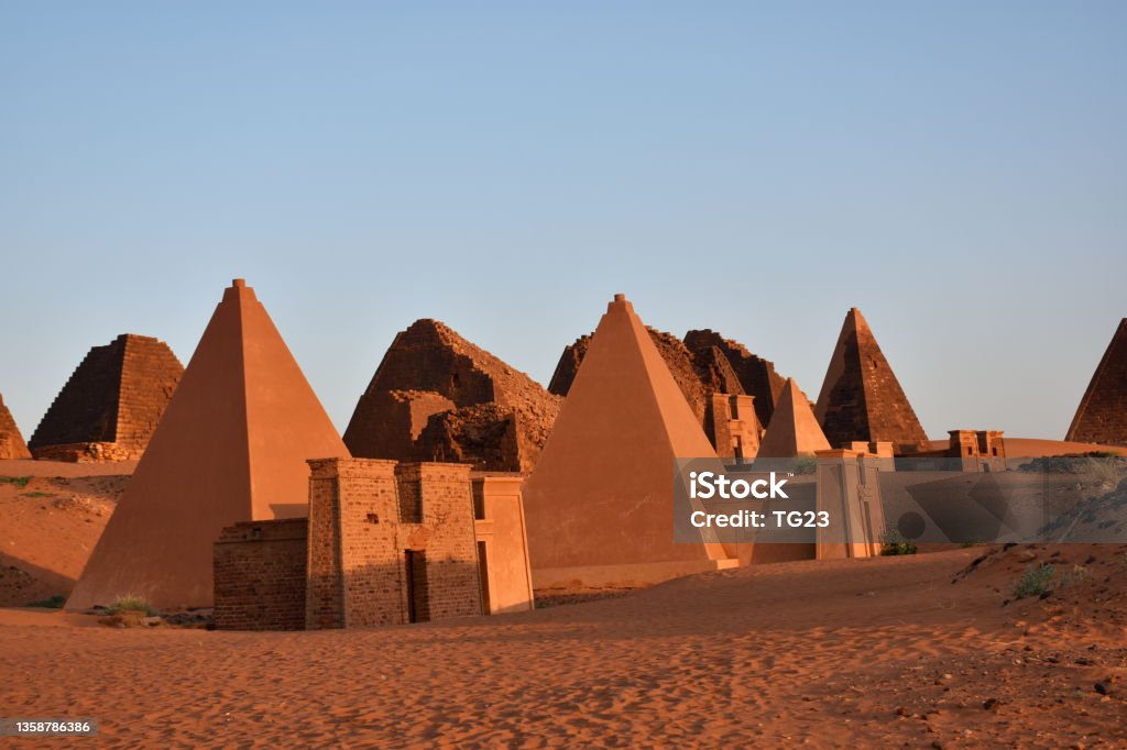 Pyramids of Meroe in Sudan in beautiful evening light. Group of Nubian pyramids in November 2021. Pyramid Stock Photo