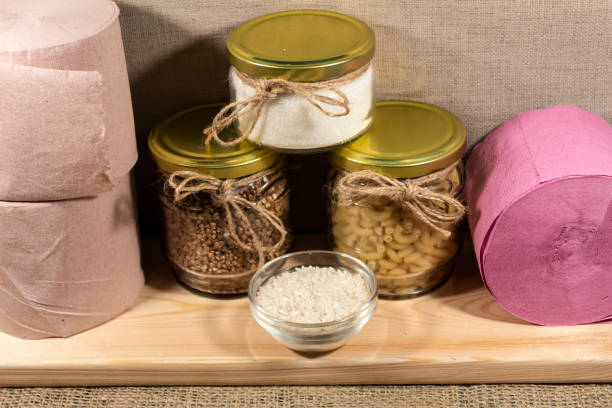 In closed cans are pasta, buckwheat, sugar.
