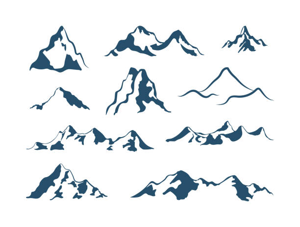 wektorowe ikony górskie ustawione na białym tle, kształty gór, różne wzgórza, zasięg. - ski resort mountain winter mountain range stock illustrations