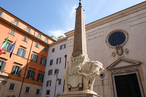 Fountain of the Four Rivers and Sant Agnese Church on the Piazza Navona Square, Rome. La Plata statue and facade of basilica S. Agnese in Agone