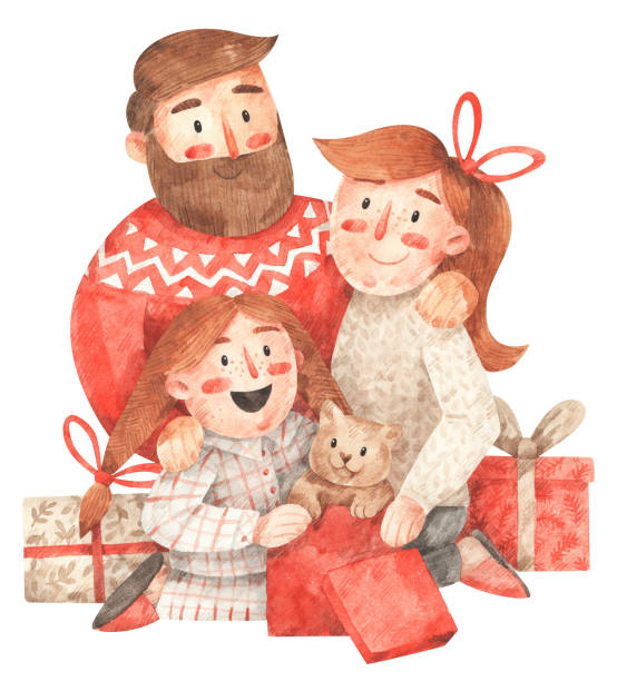 ilustraciones, imágenes clip art, dibujos animados e iconos de stock de familia con regalos de navidad - christmas tree family winter art