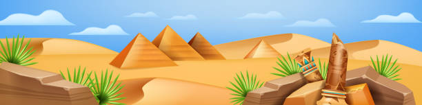 エジプトの風景、ベクター砂漠の漫画ゲームの背景、古代ピラミッド水平ビュー、古い石。 - egypt pyramid africa old点のイラスト素材／クリップアート素材／マンガ素材／アイコン素材