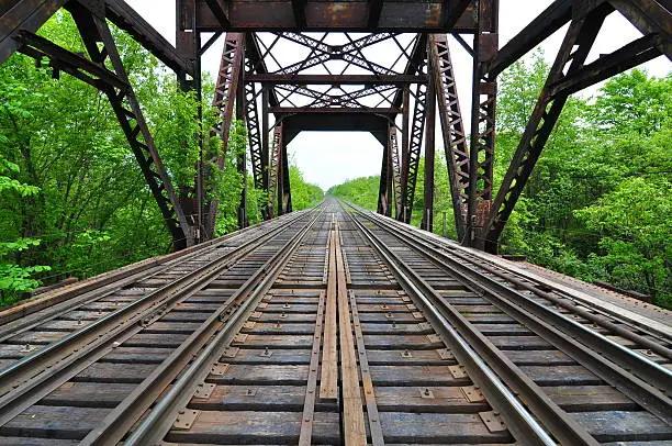 Looking down some long train tracks starting at a train bridge.