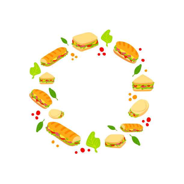 Vector sandwiches circle frame, greens isolated on white background, fast food. Vector sandwiches circle frame with greens isolated on white background, fast food illustration. sandwich club sandwich lunch restaurant stock illustrations
