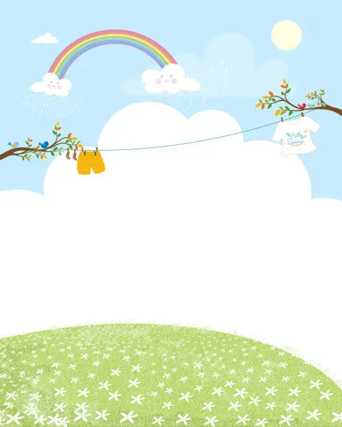 Vector illustration of Spring or Summer landscape with rainbow and blue sky,Kids clothes hanging on the branches tree, Banner template with copy spave for Spring season, Summer time or Easter concept