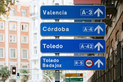 Directional signs showing different Spanish cities