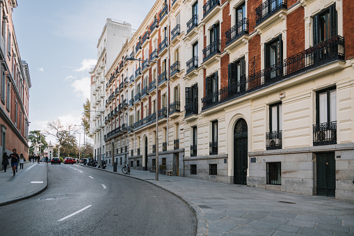 A beautiful street in the city center of Madrid, Spain.