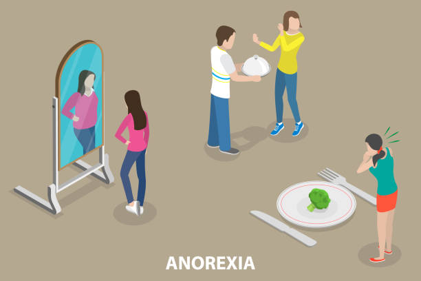 illustrations, cliparts, dessins animés et icônes de illustration conceptuelle du vecteur plat isométrique 3d de l’anorexie mentale - bulimia