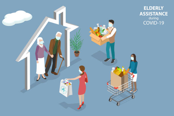 3D Isometric Flat Vector Conceptual Illustration of Elderly Assistance During COVID-19 3D Isometric Flat Vector Conceptual Illustration of Elderly Assistance During COVID-19, Volunteer Support Service for Senior People happy family shopping stock illustrations