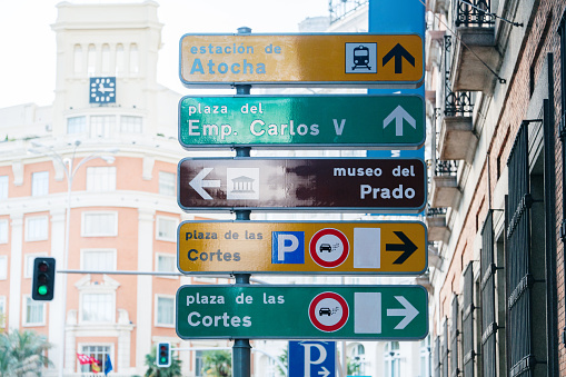Directional signs showing different Madrid landmarks and monuments