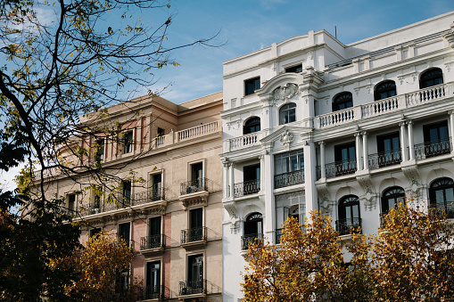 Beautiful residential building facades in Madrid, Spain