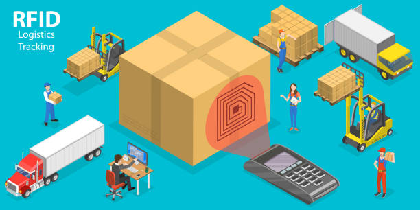 3D Isometric Flat Vector Conceptual Illustration of RFID Logistics Tracking 3D Isometric Flat Vector Conceptual Illustration of RFID Logistics Tracking, Electromagnetic Track Tag traceability stock illustrations