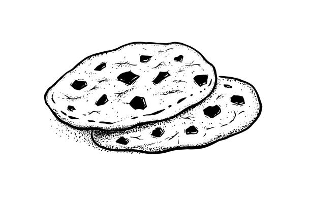 vintage style illustration of chocolate chip cookies - kurabiye illüstrasyonlar stock illustrations