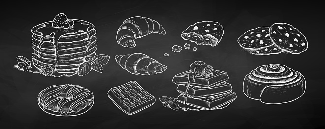 Vector illustration set of desserts and bakery products. Chalk drawing isolated on chalkboard background.