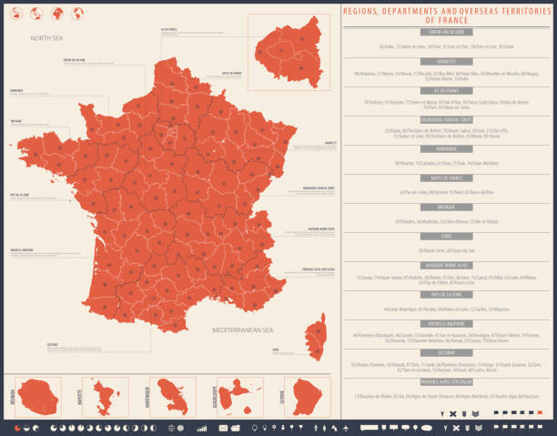 인포그래픽, 지역, 부서 및 프랑스의 해외 영토가 있는 지도 - territories stock illustrations