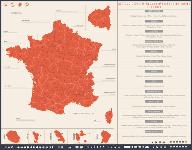 mapa z infografikami, regionami, departamentami i terytoriami zamorskimi francji - france stock illustrations