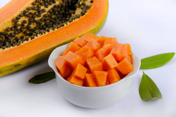 istock Fresh orange Papaya on white dish and papaya slice. Space for text 1358796630