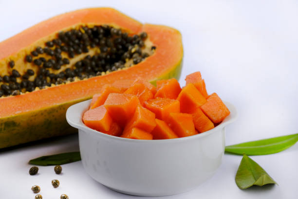 istock Fresh orange Papaya on white dish and papaya slice. Space for text 1358796645