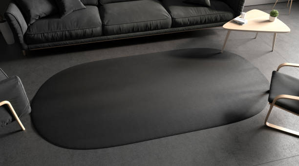 istock Blank black oval interior carpet in room mockup, side view 1358798121