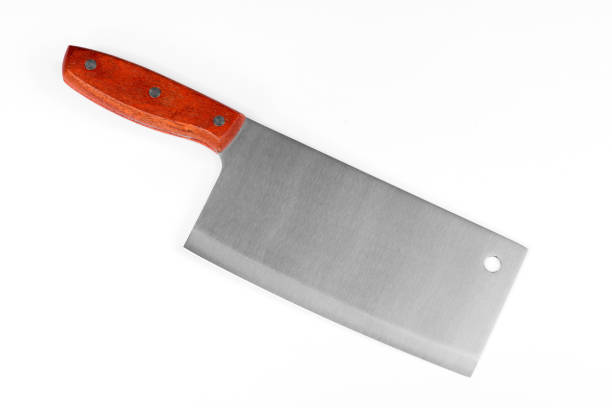 istock Beautiful steel hatchet for meat on a white background 1358798540