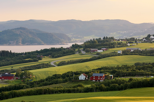 Agricultural area Byneset located near Norwegian city Trondheim.View of Trondheim fjord .