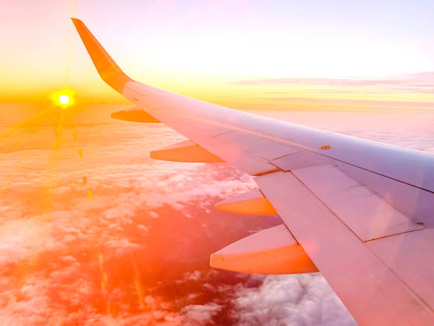 istock Airplane wing in the sky at beautiful sunset 1358801785