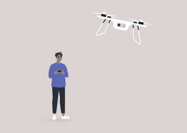Vector illustration of Young male African character operating a hovering drone with a remote control