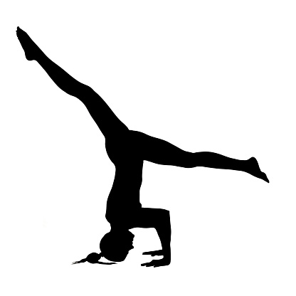 Female silhouette in a split leg variation of the fallen angel pose isolated on white.