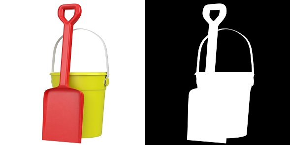 3D rendering illustration of a beach bucket and shovel set