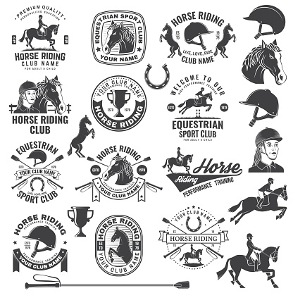 Set of Horse riding sport club badges, patches, emblem, logo. Vector illustration. Vintage monochrome equestrian label with rider, helmet and horse silhouettes. Horseback riding sport. Concept for shirt or logo, print, stamp or tee