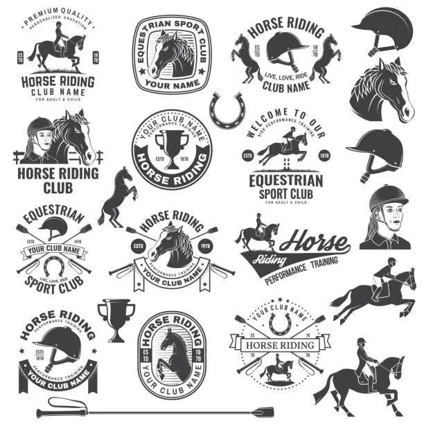 Vector illustration of Set of Horse riding sport club badges, patches, emblem, logo. Vector illustration. Vintage monochrome equestrian label with rider, helmet and horse silhouettes. Horseback riding sport. Concept for shirt or logo, print, stamp or tee.