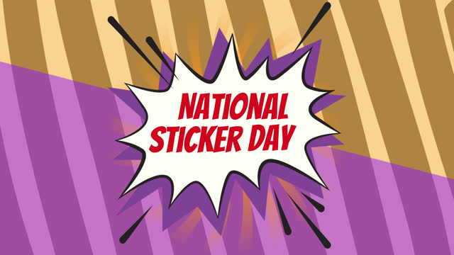 Animation of national sticker day text on green and purple background