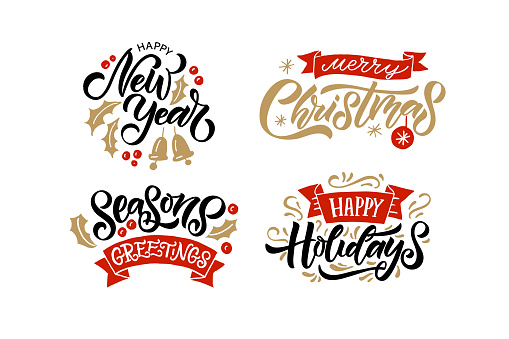 Happy New Year, Seasons Greetings, Merry Christmas, Happy Holidays hand sketched card, badge, icon typography. Lettering for Christmas, New Year greeting card, invitation template, banner, poster. Vector EPS10. Vector illustration.