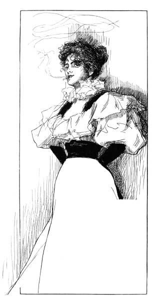 illustrazioni stock, clip art, cartoni animati e icone di tendenza di giovane donna in abito che fuma sigaretta art nouveau 1897 - women illustration and painting sensuality color image