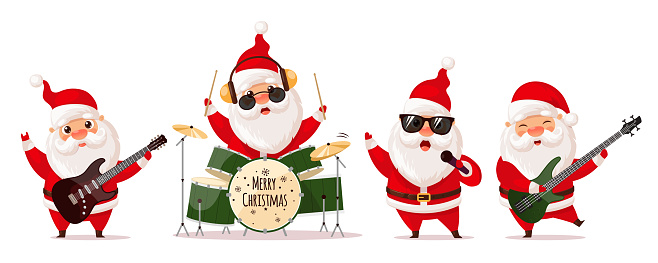 Cute Santa Claus playing electric guitar, drums and singing, rock band. Vector illustration isolated on white background