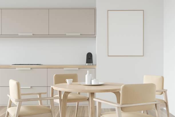 istock White kitchen set interior with table and beige chairs. Poster menu 1358808347