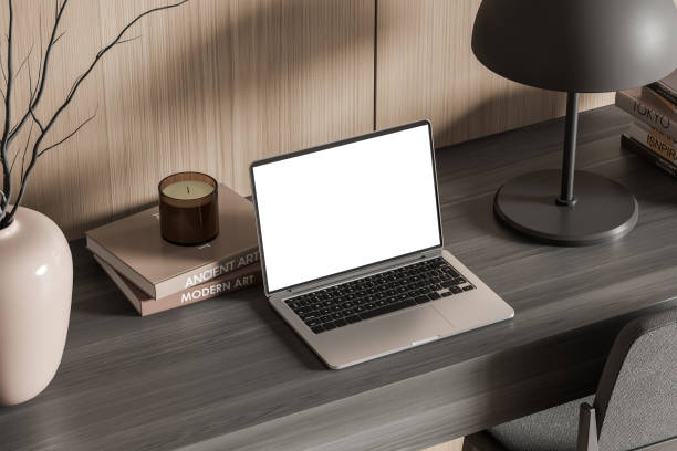 istock Top view of modern wooden home office 1358809431