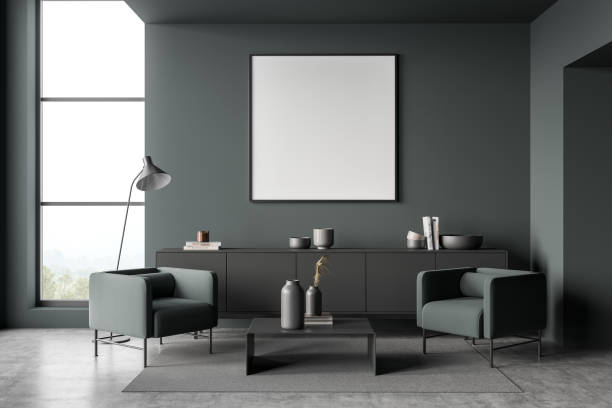 istock Square frame in grey and green living room with sitting area 1358809648