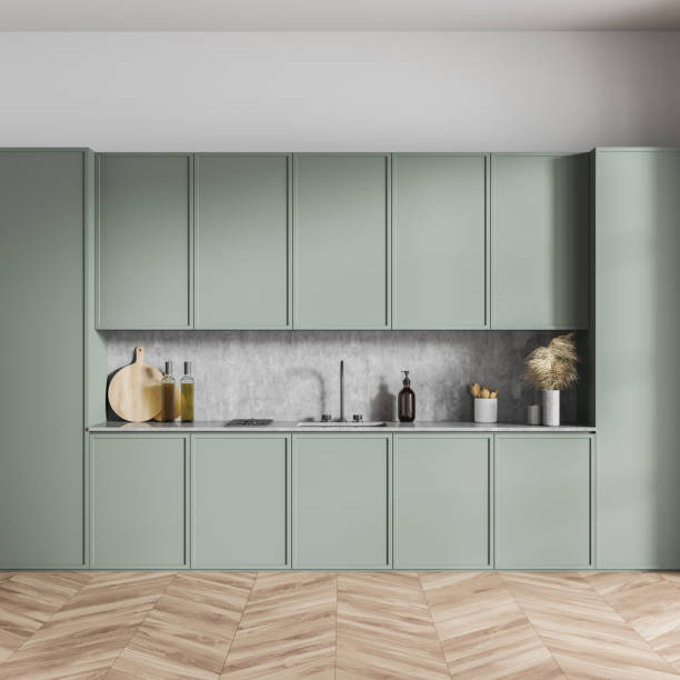 istock Light kitchen set interior with shelves and appliances, parquet floor 1358810475