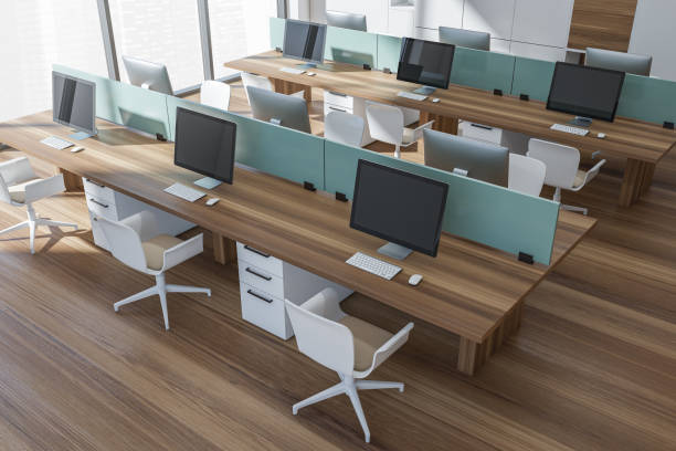 istock Modern office with white and green working area. Top view. 1358810810