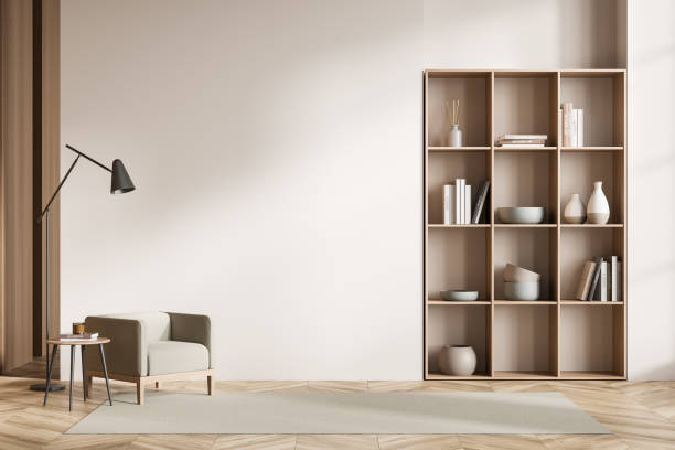istock Light library room interior with armchair and coffee table, mockup 1358810919