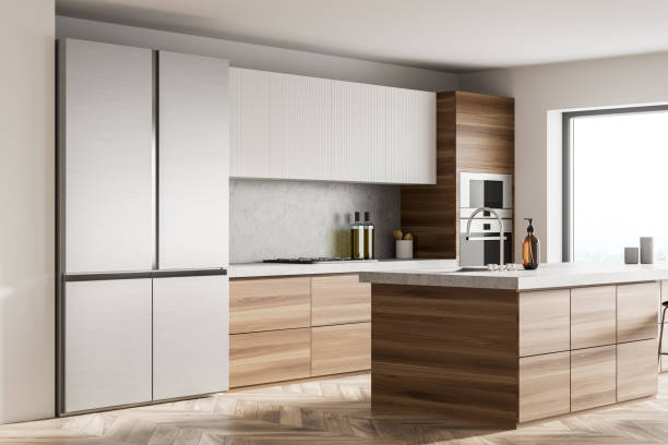 istock Light kitchen set interior with sink and shelves, parquet floor and window 1358811016