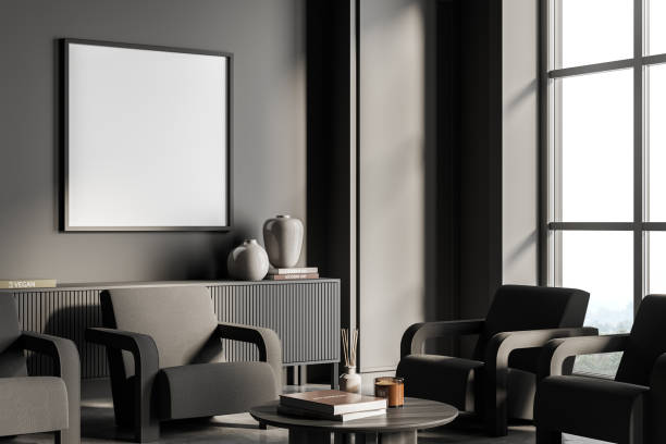 istock Dark grey living room with empty square canvas. Corner view. 1358811193