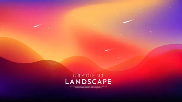 Vector illustration of Vector illustration. Blurred minimalist wavy panoramic background. Bright gradient color. Futuristic style. Design for website, web page template, banner with text. Aurora borealis. Colorful night sky
